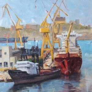 Oil Painting of Sea Tug and Freighter in malta Dockyard