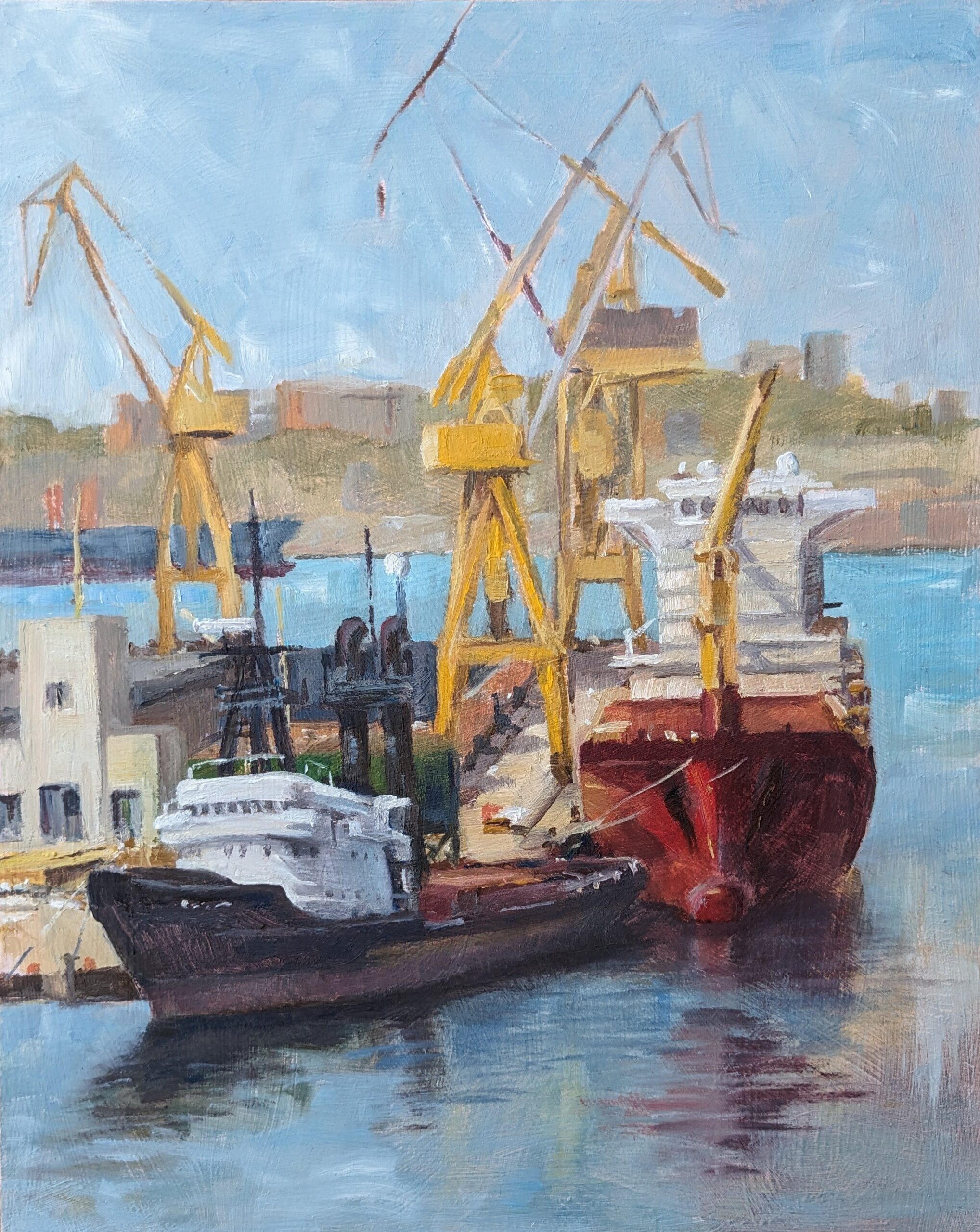 Oil Painting of Sea Tug and Freighter in malta Dockyard