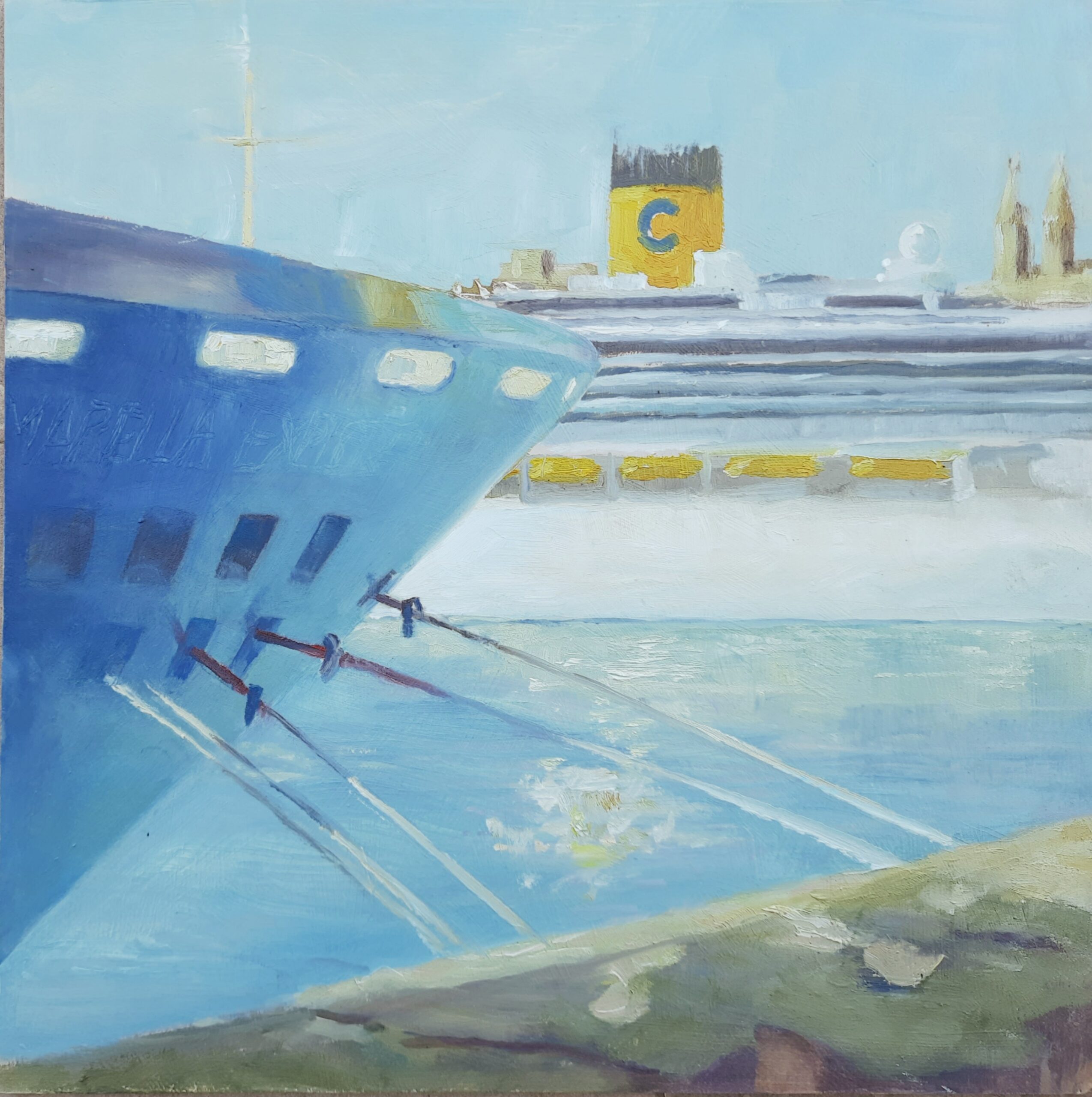 Oil Painting of a blue ship and a white ship