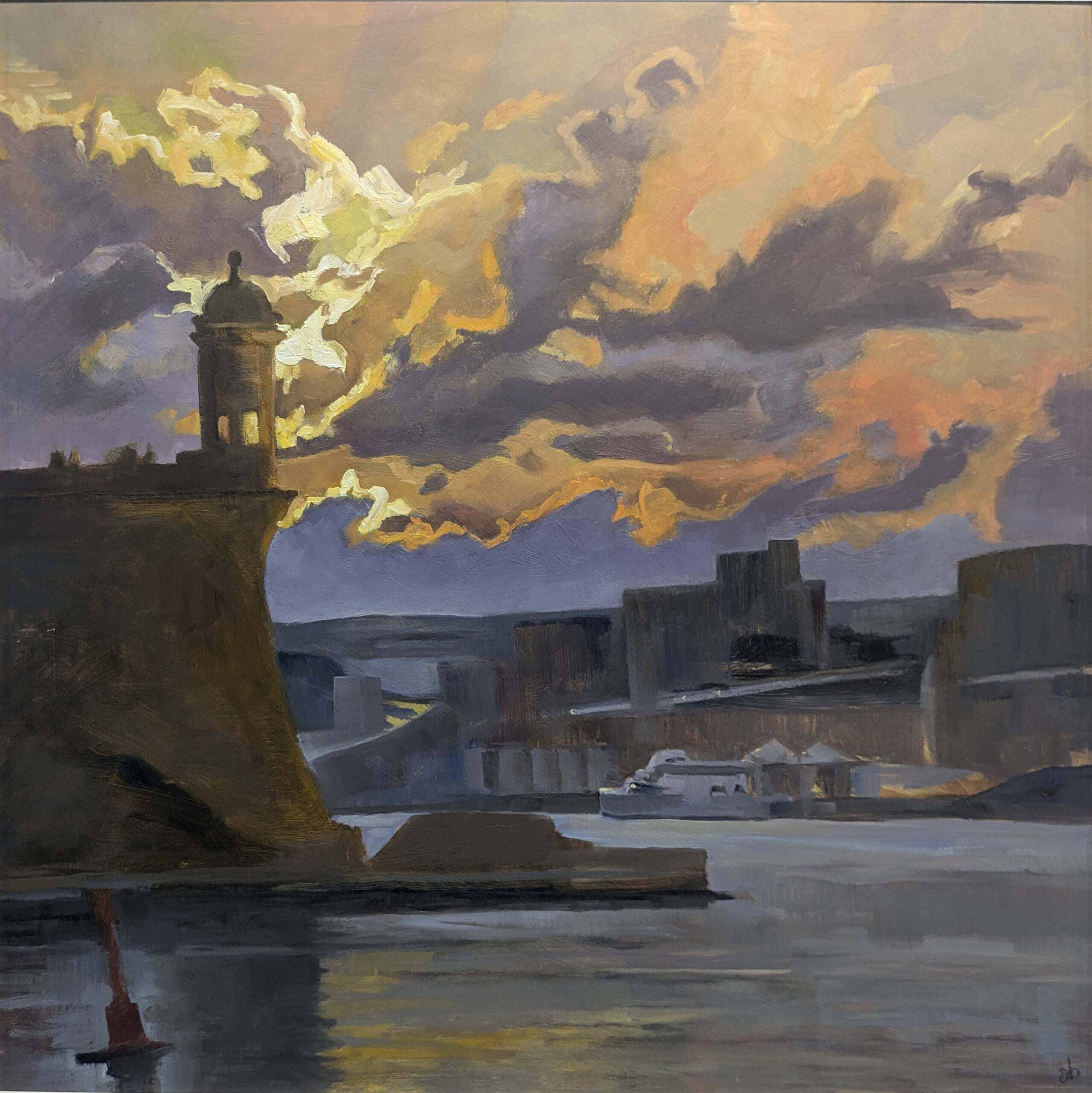 Painting of sunset over Gardjola Senglea