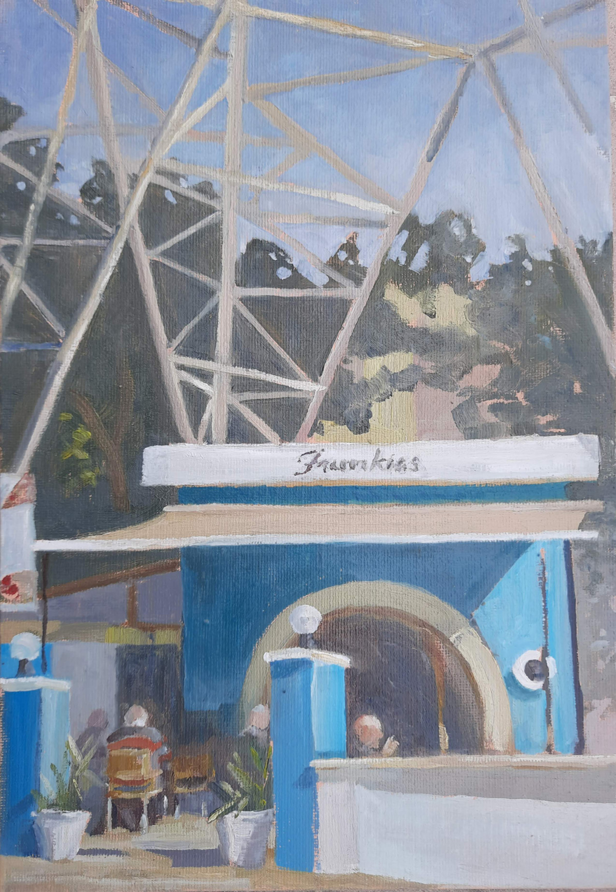 Oil Painting of the cafe under the Pylon Rinella