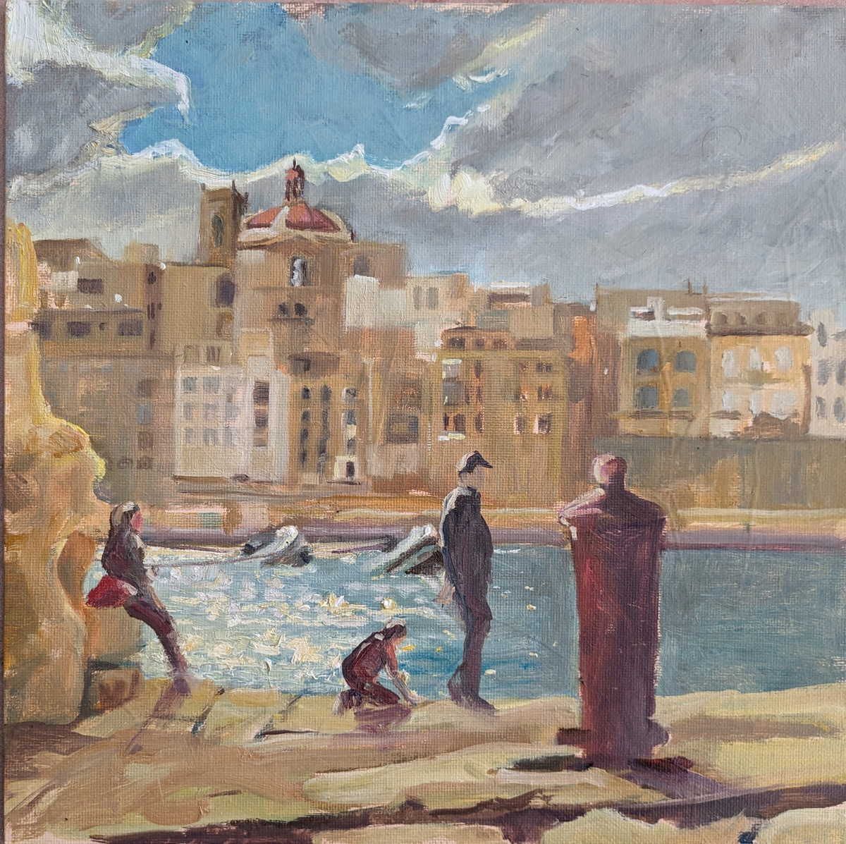 oil painting orf people waiting for the canon to fire