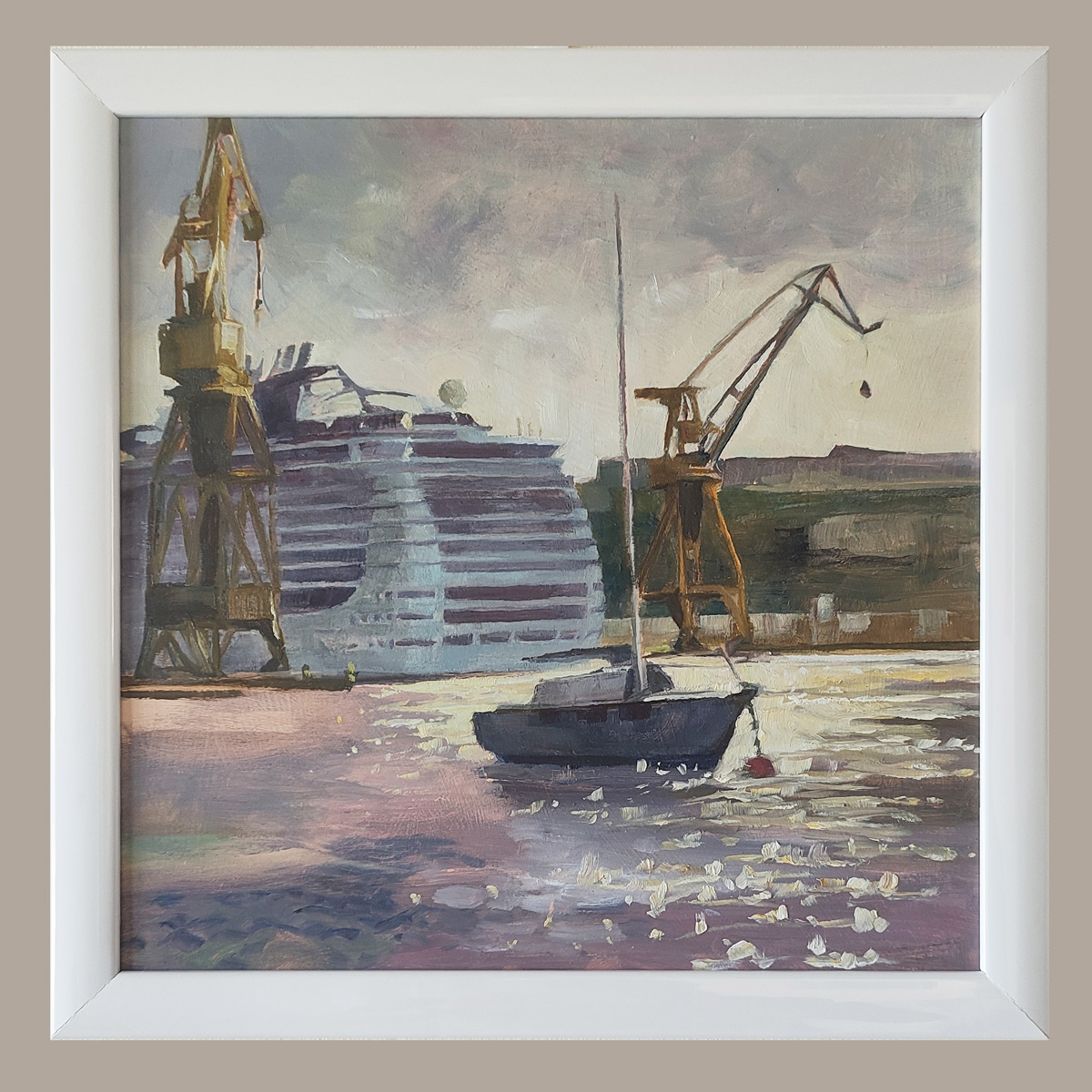 Framed painting of Malta dockyard and Sea