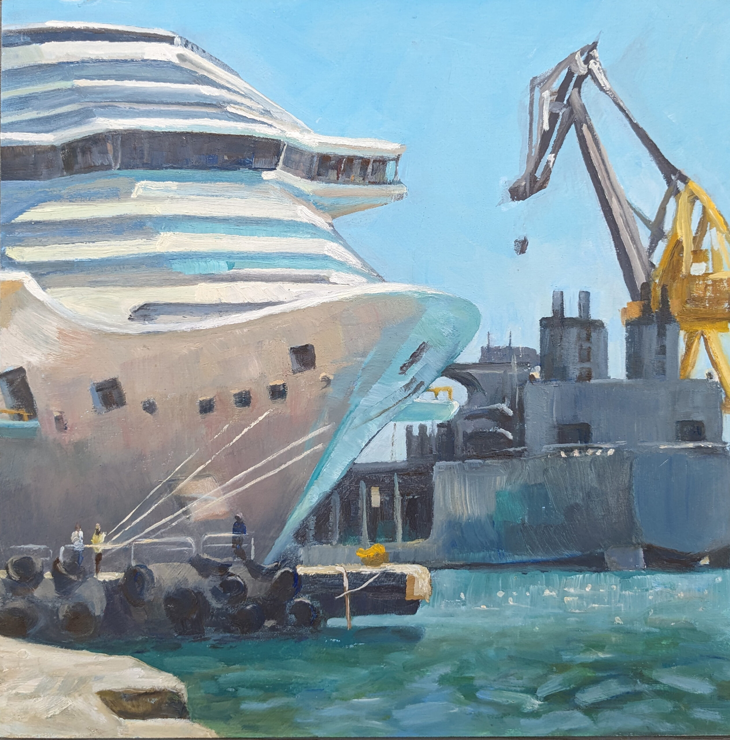 Oil painting of Boat moored at Boilers Wharf